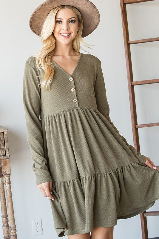 Solid Waffle V Neck Tiered babydool dress - PLUS size