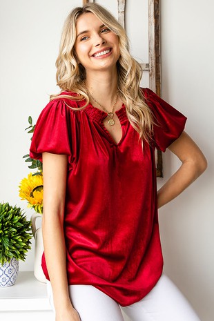 Velvet Smocked Split Neckline Puff Sleeve Top