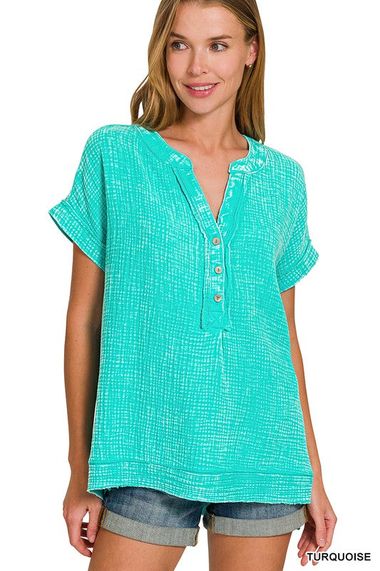 Washed Double Gauze 3/4 Button Henley Neck Shirt