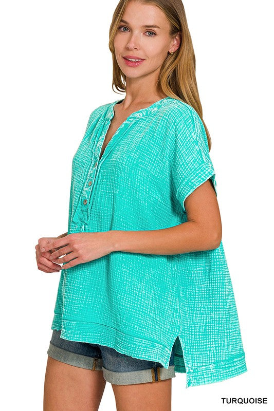 Washed Double Gauze 3/4 Button Henley Neck Shirt