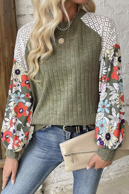 Floral Patchwork Long Sleeve Ribbed Top