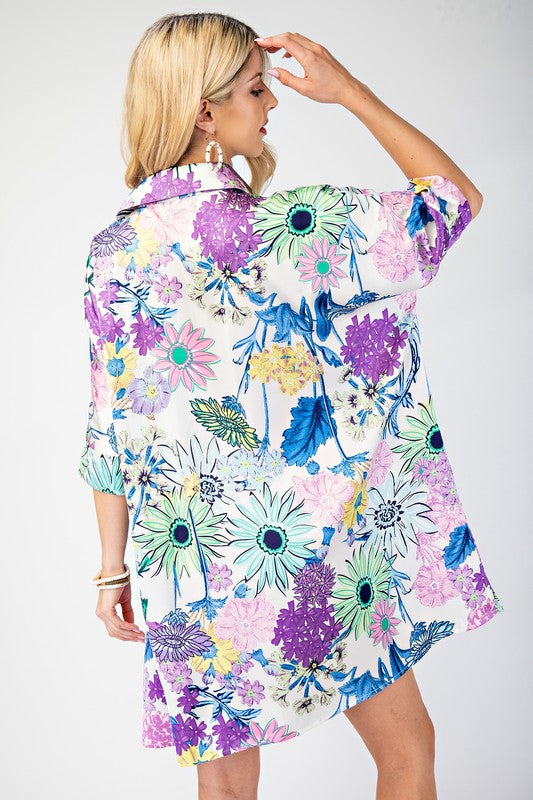 Floral Print Oversized Button Down Shirt Dress