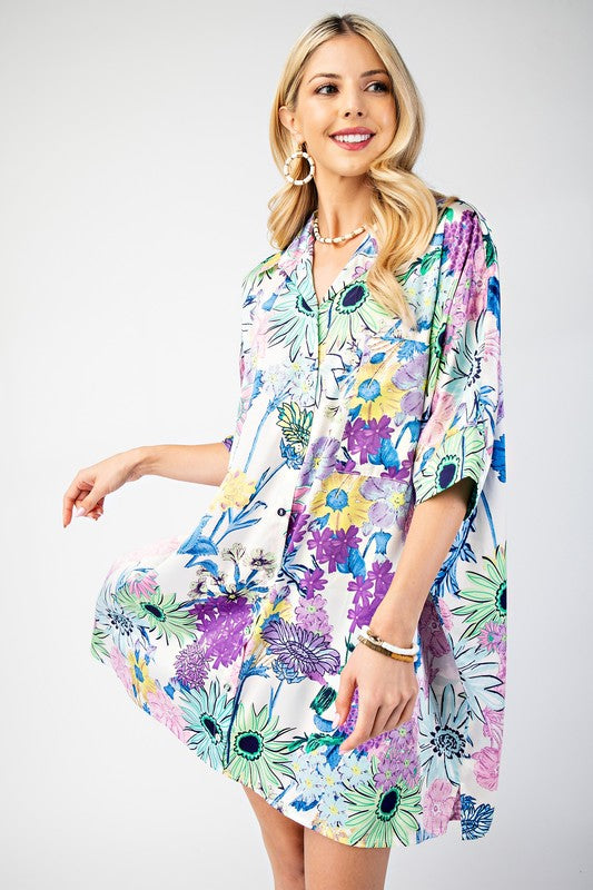 Floral Print Oversized Button Down Shirt Dress