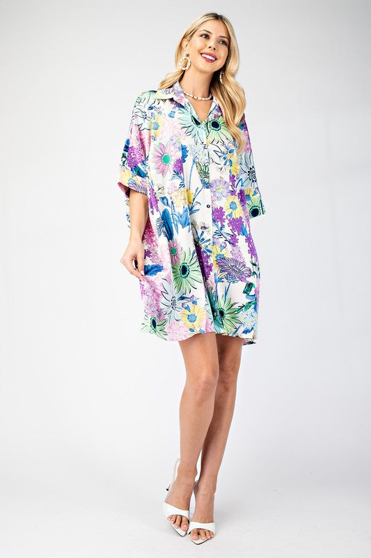 Floral Print Oversized Button Down Shirt Dress