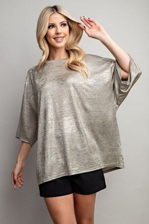 Glam - Taupe - Crew Neck Oversized Satin Blouse