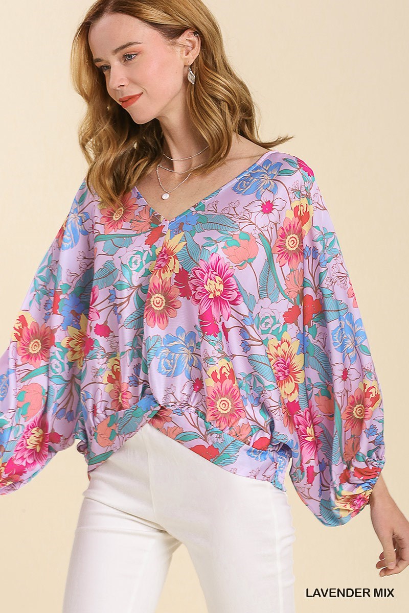 Floral Print Long Puff Sleeve V-Neck Top with Smocked Back Hem