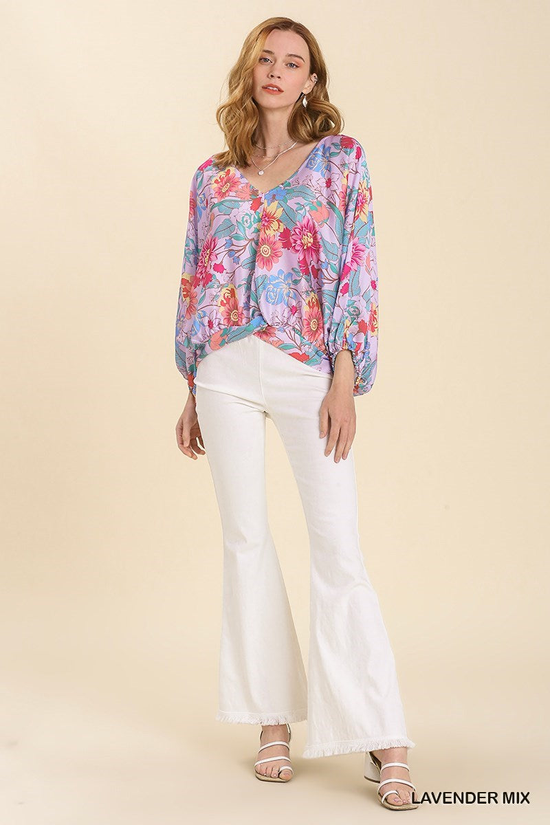 Floral Print Long Puff Sleeve V-Neck Top with Smocked Back Hem