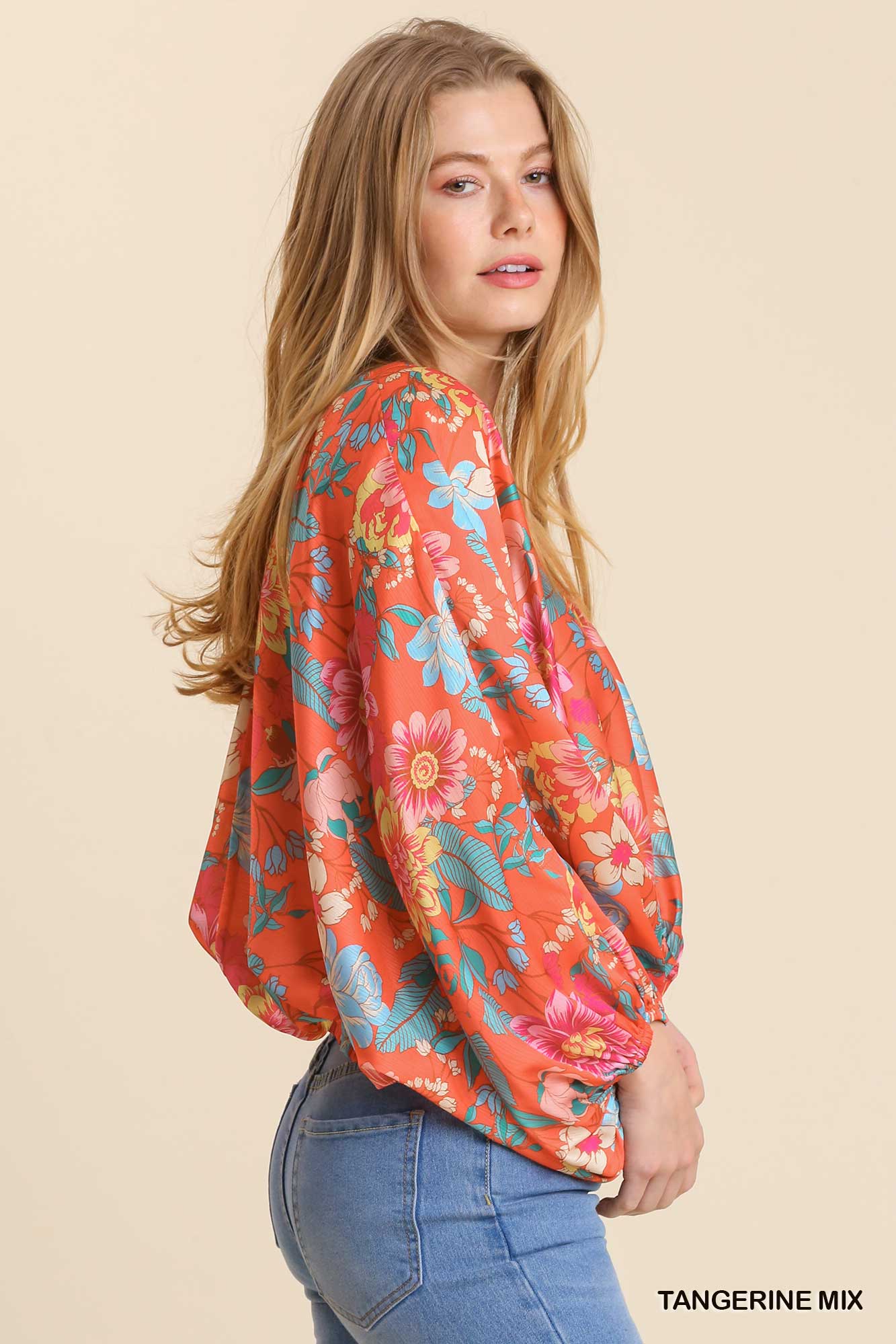 Floral Print Long Puff Sleeve V-Neck Top with Smocked Back Hem