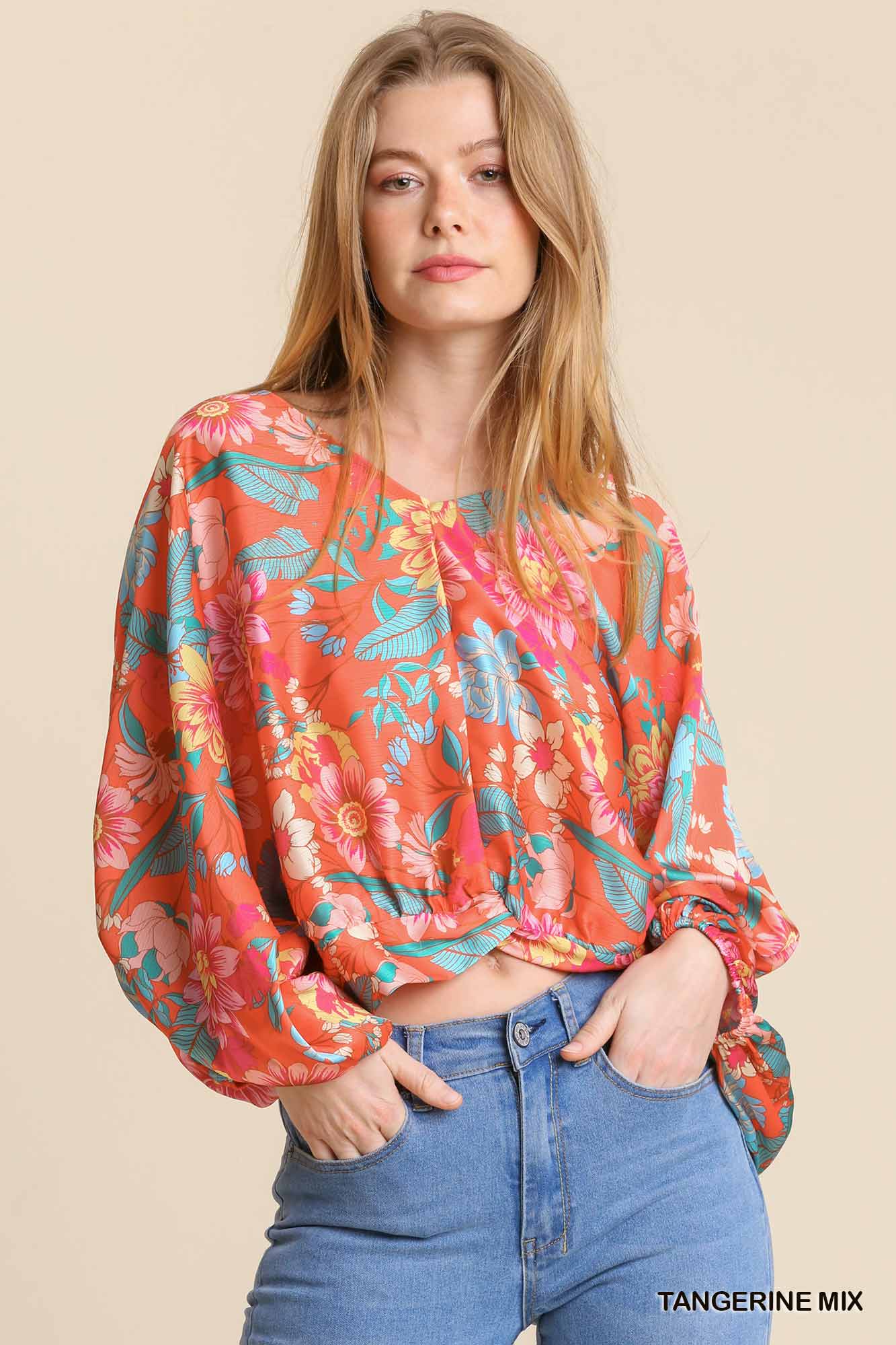 Floral Print Long Puff Sleeve V-Neck Top with Smocked Back Hem