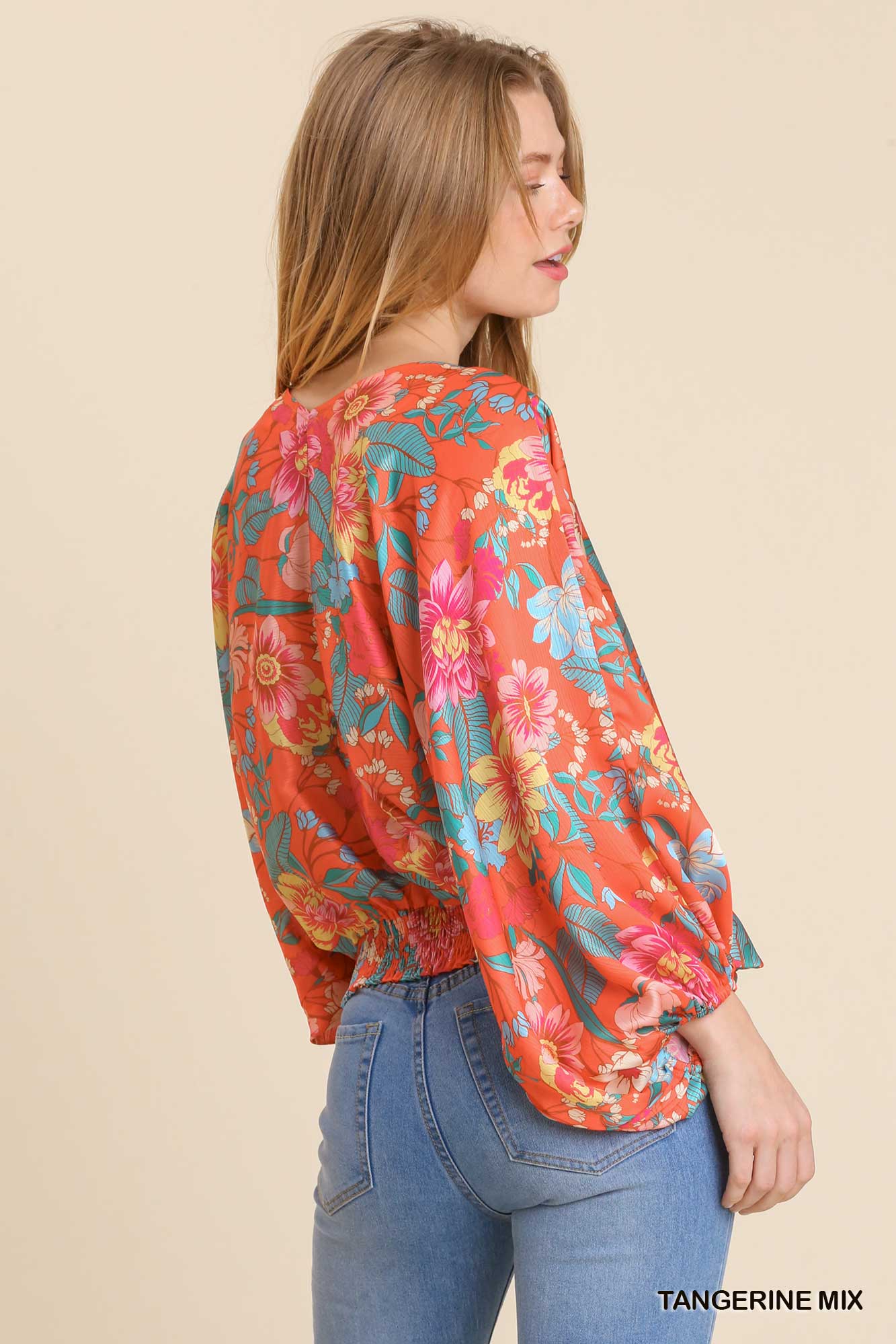 Floral Print Long Puff Sleeve V-Neck Top with Smocked Back Hem