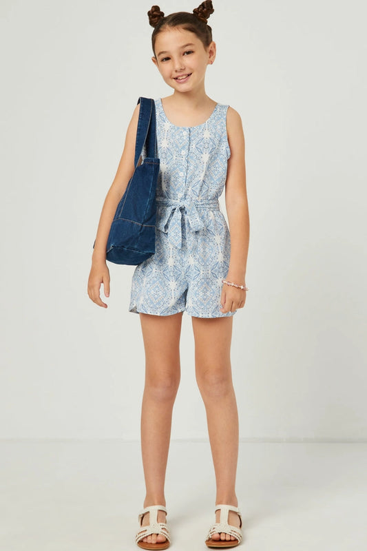 Girls Bandana Print Belted Button Detail Romper