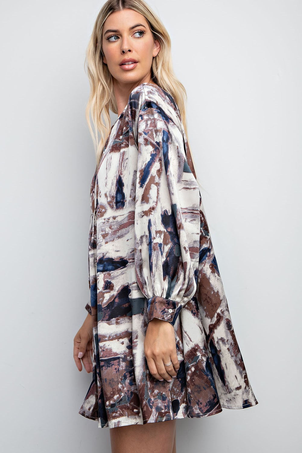 V neck long sleeve print mini dress