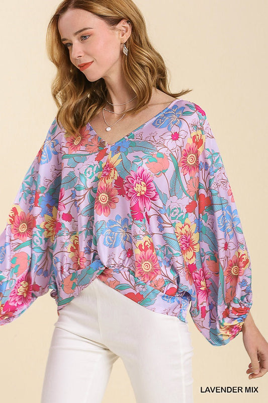 Floral Print Long Puff Sleeve V-Neck Top with Smocked Back Hem