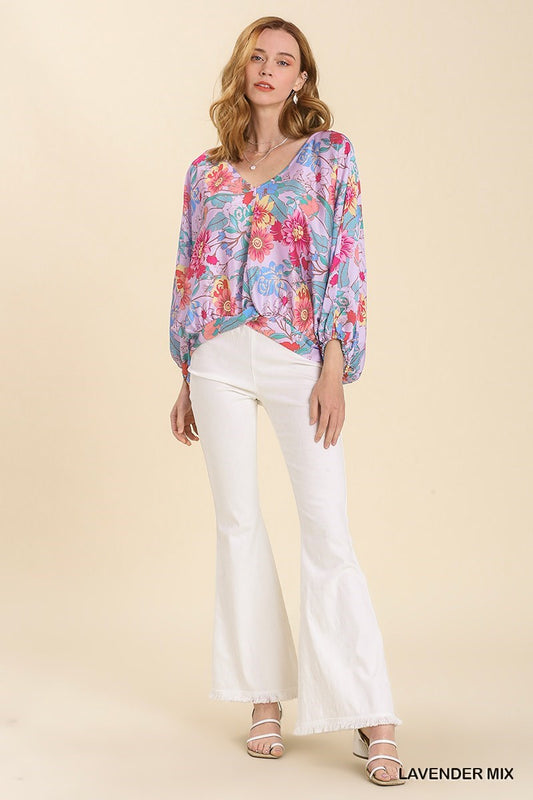 Floral Print Long Puff Sleeve V-Neck Top with Smocked Back Hem