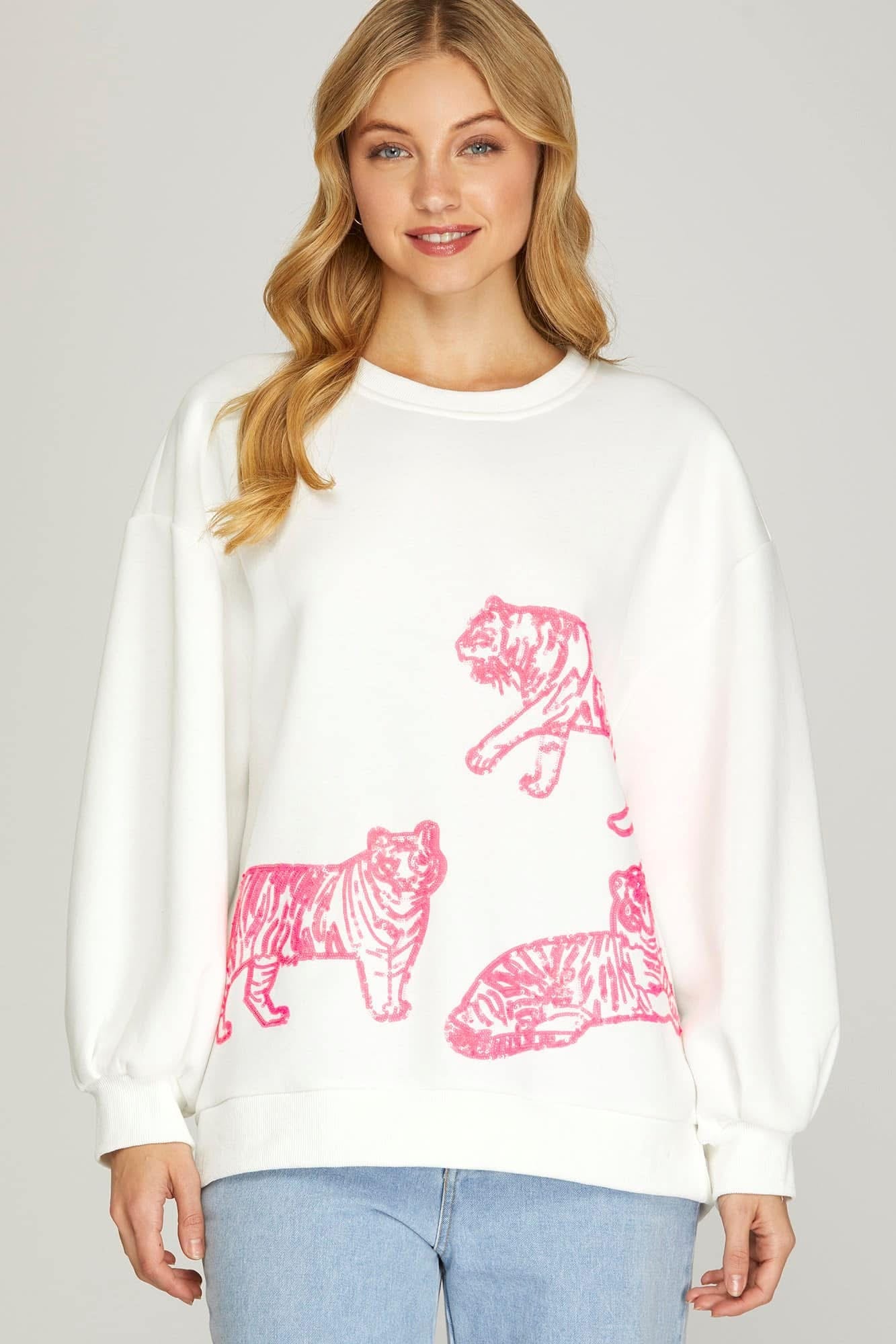 White Sweatshirt with Pink Tiger sequin