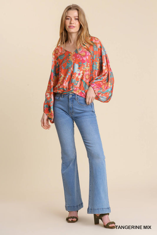 Floral Print Long Puff Sleeve V-Neck Top with Smocked Back Hem