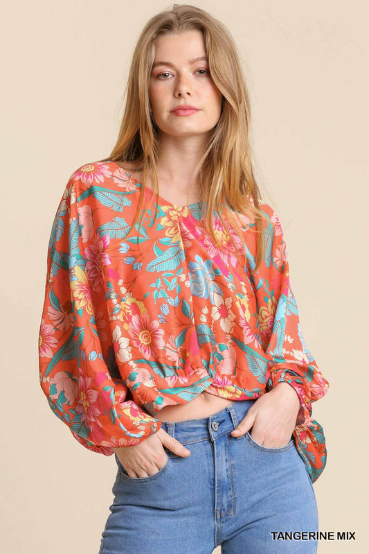 Floral Print Long Puff Sleeve V-Neck Top with Smocked Back Hem