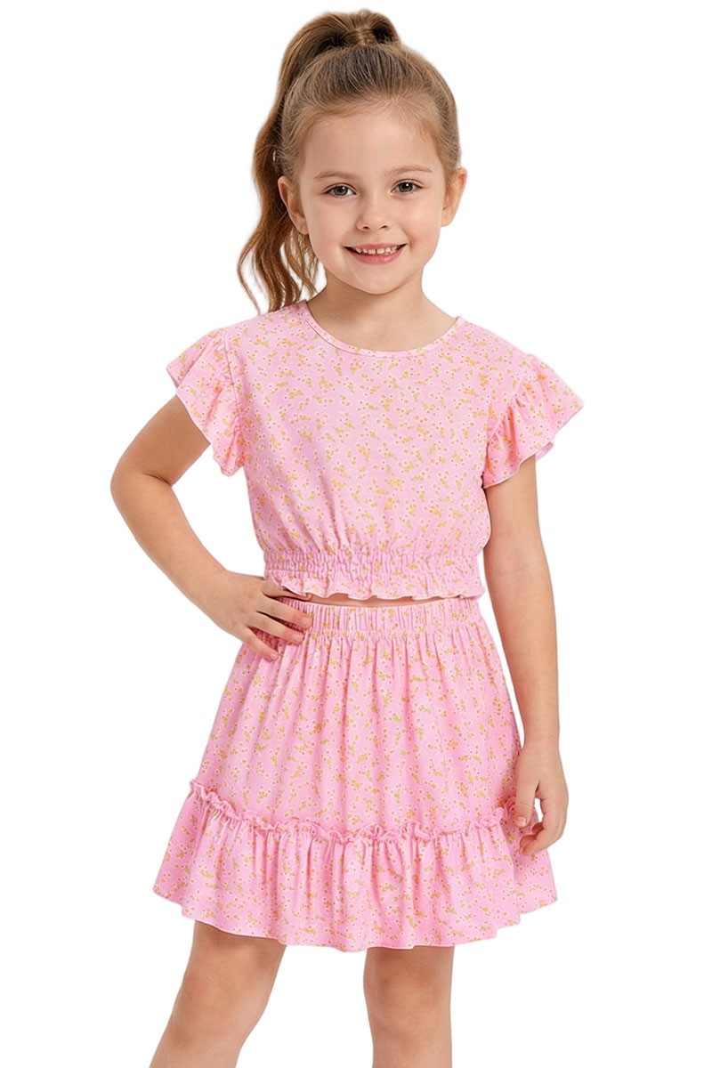 Girl's 2 Pc Floral Skirt Set W/ Ruffle Sleeve 7-14