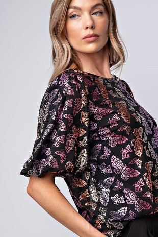 Foil Knit Top With Short Balloon Sleeve